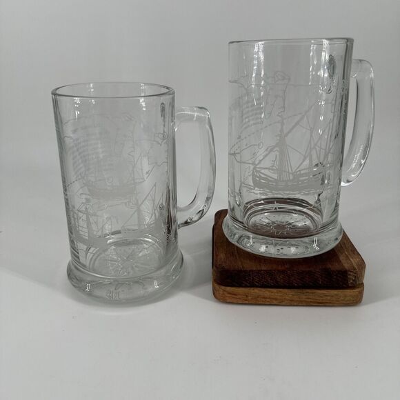 Beer Mugs 2 Nautical Etched Glass "The Nina" Columbus Voyage VTG 5.5” T Barware - Picture 6 of 12